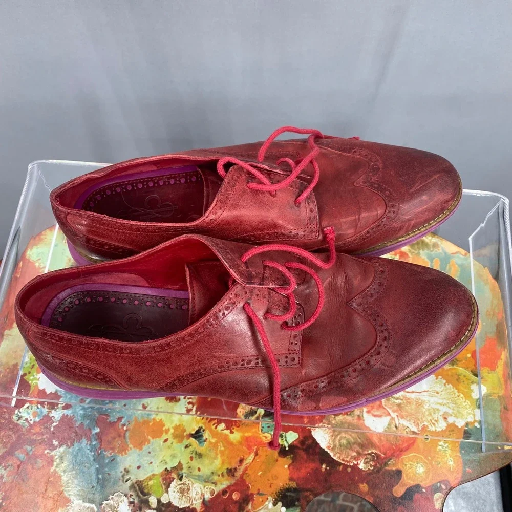 Cole Haan Lunargrand Red Leather Wingtip Oxford Shoes Purple Sole Womens 10